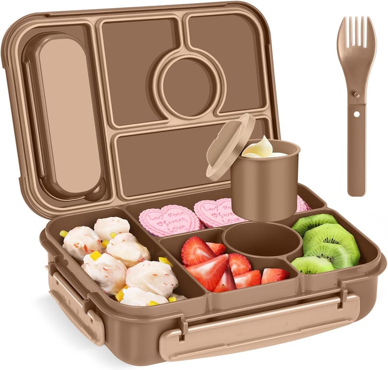 Amathley Bento Box Adult Lunch Box Kids,Lunch Containers for Adults/Kids/Toddler,5 Compartments Bento Lunch Box with Sauce Vontainers,Microwave & Dishwasher & Freezer Safe,BPA-Free (Brown) - Image 1